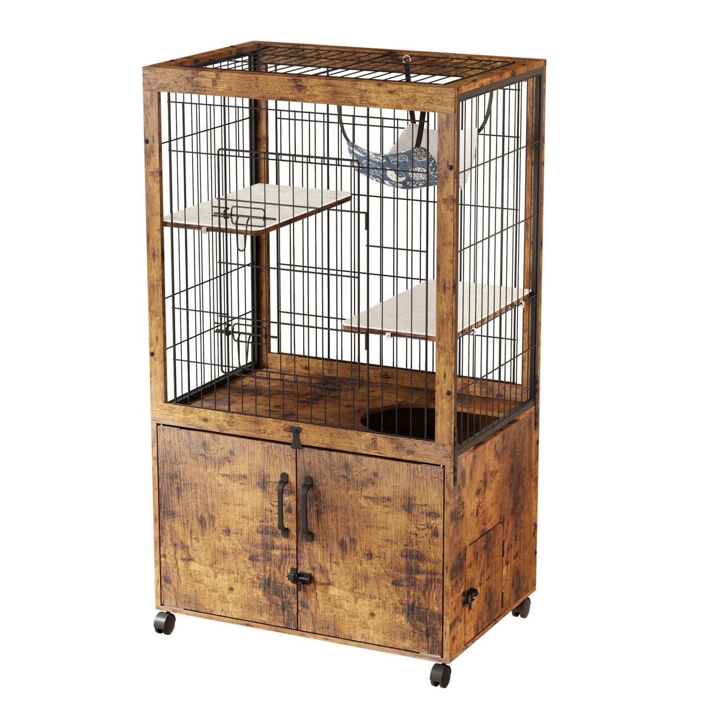 Megidok Furniture Cat Cages Indoor with Wooden Hidden Litter Box Enclosure Built-in Urine Cover Cat Kennel Cat Crates Cat Playpen - Rustic Brown