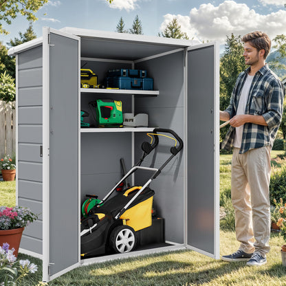 DWVO Outdoor Tall Storage Shed 60 Cuft with 2 Shelves, 5X3FT Vertical Tool Shed with Floor & Lockable Doors, Sturdy Double-Wall Plastic Cabinet for Garbage Cans and Garden Storage