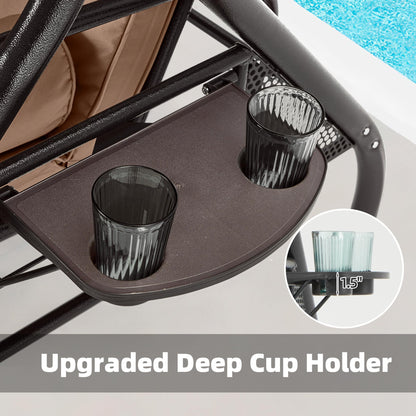 HOMREST 3 Seat Outdoor Porch Swing with Adjustable Canopy, Convertible Patio Swing Bed with Stand, Patio Glider Swing with Upgraded Cup Holder, Thicken Cushions ＆ Pillow for Backyard(Brown)