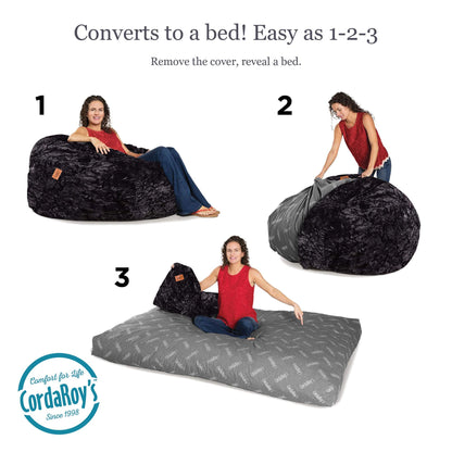 CordaRoy's Faux Fur Bean Bag Chair, Convertible Chair Folds from Bean Bag to Lounger, As Seen on Shark Tank, Black - Queen Size