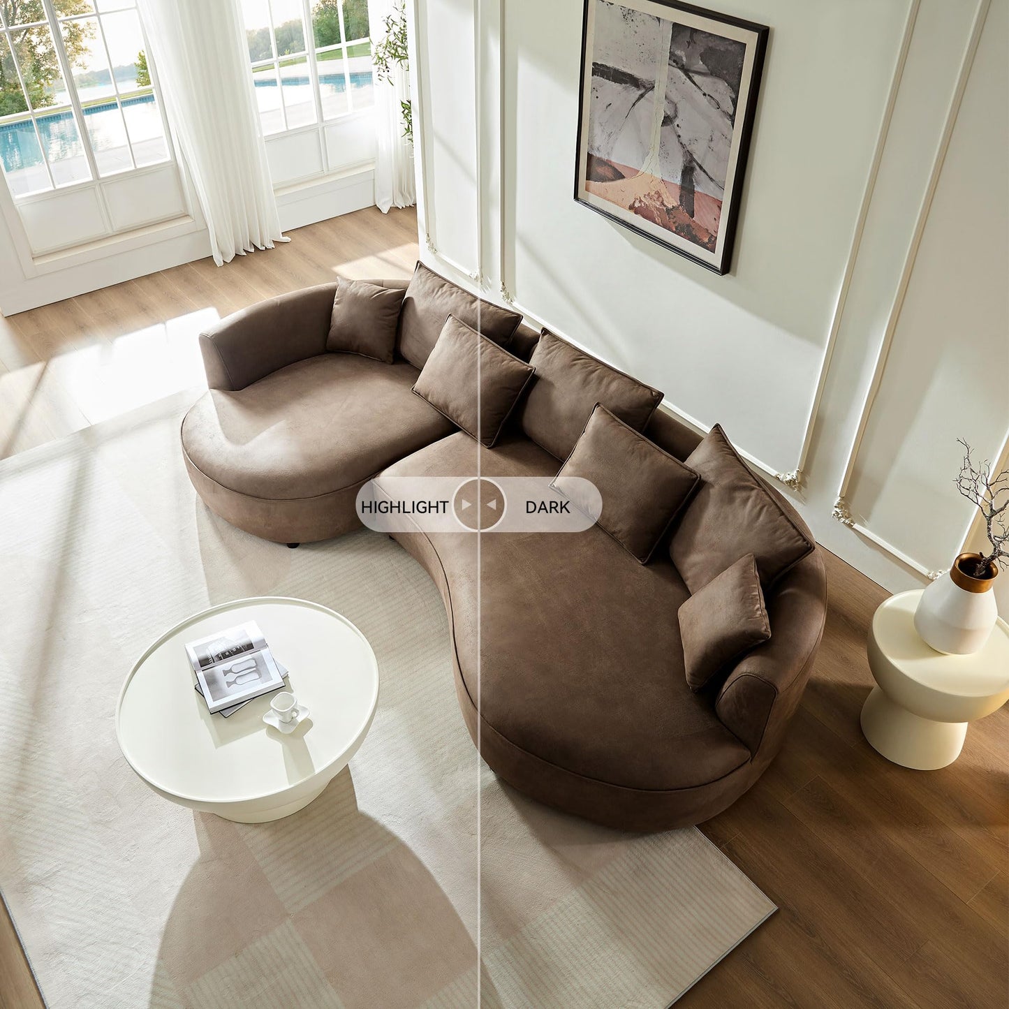 Luxury Left Facing Cloud Couch Oversized 6 Seats Curved Sectional Sofa, Modern Suede Upholstered Sofa Couch with Wide Lounge Chaise and 7 Pillows, Gorgeous Curved Sofa&Couch for Living Room