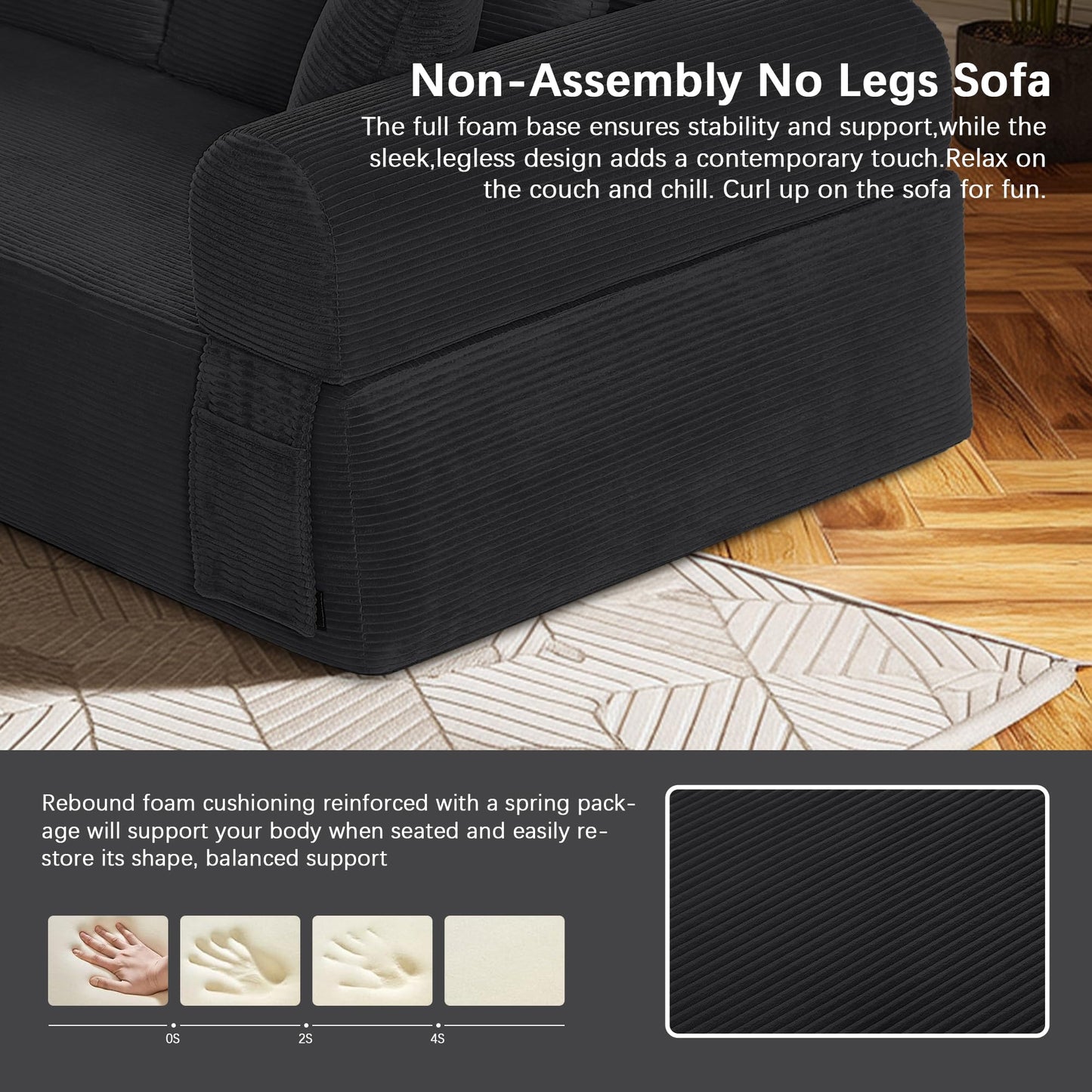 83" Modern Sofa in a Box, No Assembly Oversized 3 Seater 28" Deep Seat Cloud Sofa Bed Couch with 4 Furry Pillows & Corduroy Fabric, Boneless Couch with Side Storage Pockets for Living Room, Black