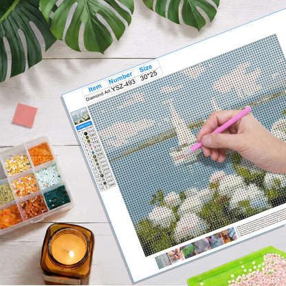 FOPENEM Nautical Sailboat Hydrangea Floral Diamond Painting Kit for Adults Beginners 9.8x11.8 Inch, Coastal Seaside Flower Gem Diamond Painting Art Kits for Home Beach House Wall Decor