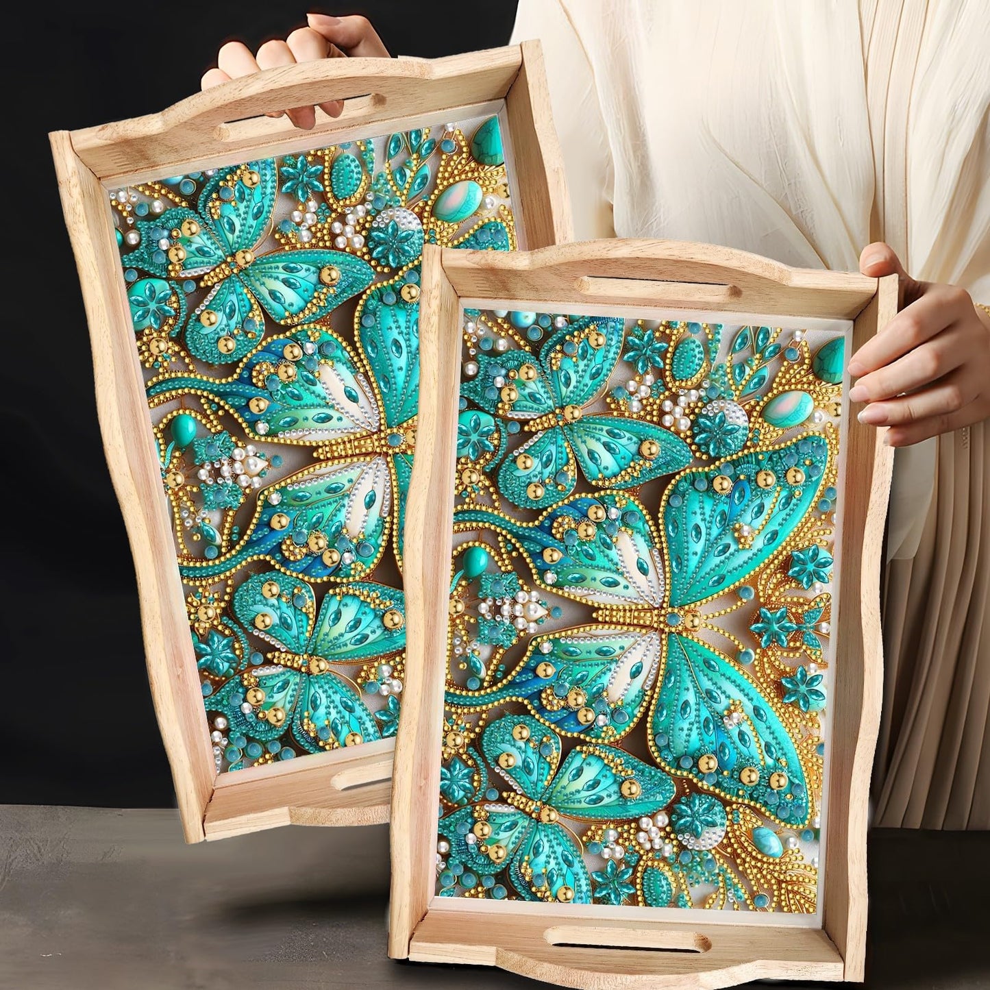 ARTopet DIY Diamond Art Painting Creative Design Handmade Wooden Serving Tray Dinner Plate Partial Diamond Art Breakfast Tray for Coffee Living Room Home Organizer - Green Butterfly