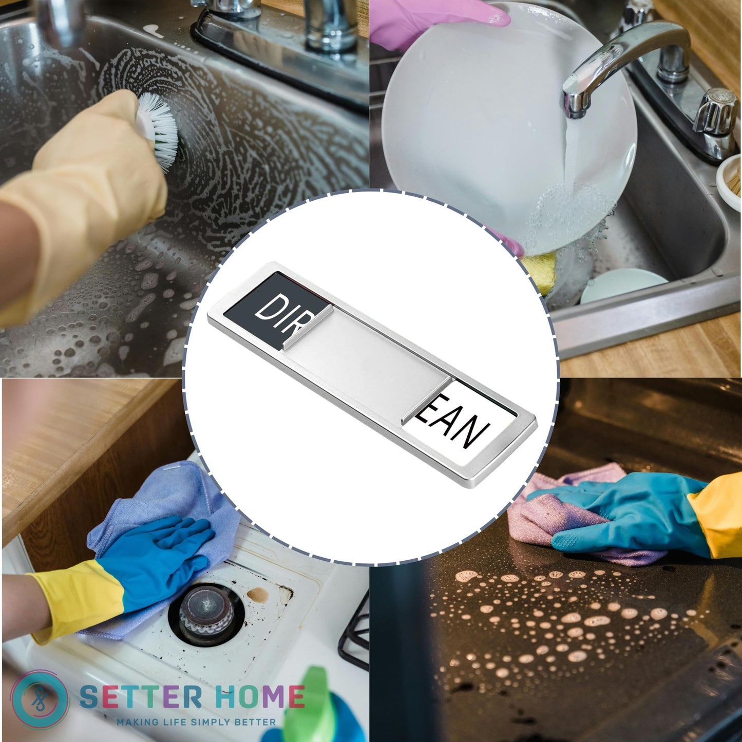Clean dirty magnet for dishwasher, Premium Stainless Steel Black Clean Dirty Sign Indicator - Grade 304 Clean Dirty Magnet for Dishwasher, Easy to Read with Extra Adhesive Tape (Silver/White)