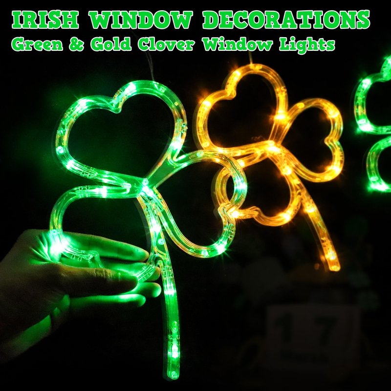 [Timer] 3 Pack St Patricks Day Decorations Shamrock Window Lights Battery Operated with Suction Cup & Hook, Saint Patricks Day Lucky Gold Green Clover Lights for Indoor Outdoor Party Irish Decor