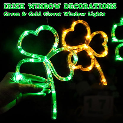 [Timer] 3 Pack St Patricks Day Decorations Shamrock Window Lights Battery Operated with Suction Cup & Hook, Saint Patricks Day Lucky Gold Green Clover Lights for Indoor Outdoor Party Irish Decor