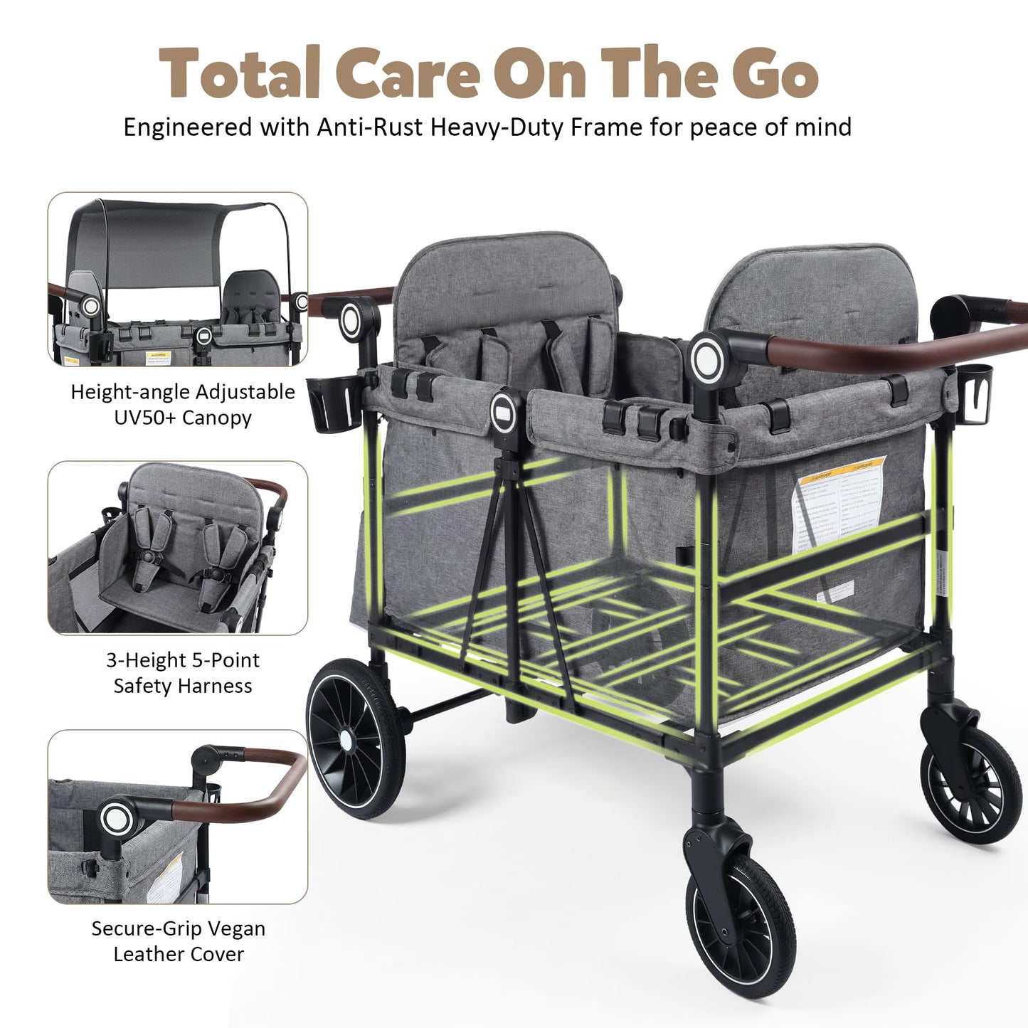 TODEFULL Wagon Stroller for 4 Kids, Foldable Kids Wagon Cart Featuring with Harnesses, Adjustable Double Push Handle, Removable Canopy, Snack Tray, Large Storage Bag