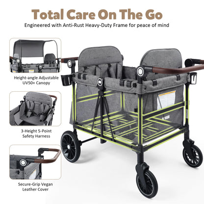 TODEFULL Wagon Stroller for 4 Kids, Foldable Kids Wagon Cart Featuring with Harnesses, Adjustable Double Push Handle, Removable Canopy, Snack Tray, Large Storage Bag