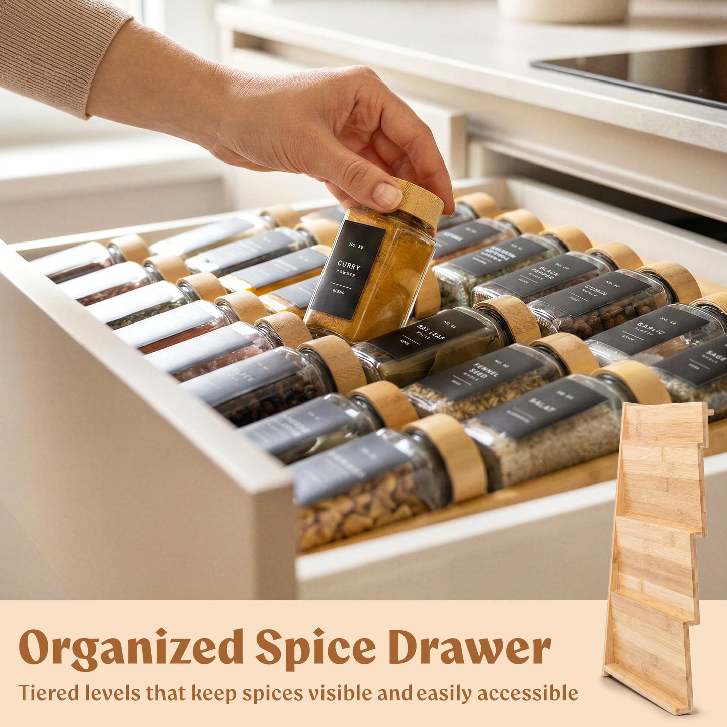 EDELHAUS Bamboo Spice Drawer Organizer - Expandable 4 Tier Spice Rack (Need 3" Deep Drawer) 12" to 24" Wide, Seasoning Organizer, Organization Seasoning Rack insert (Jars Not Included)