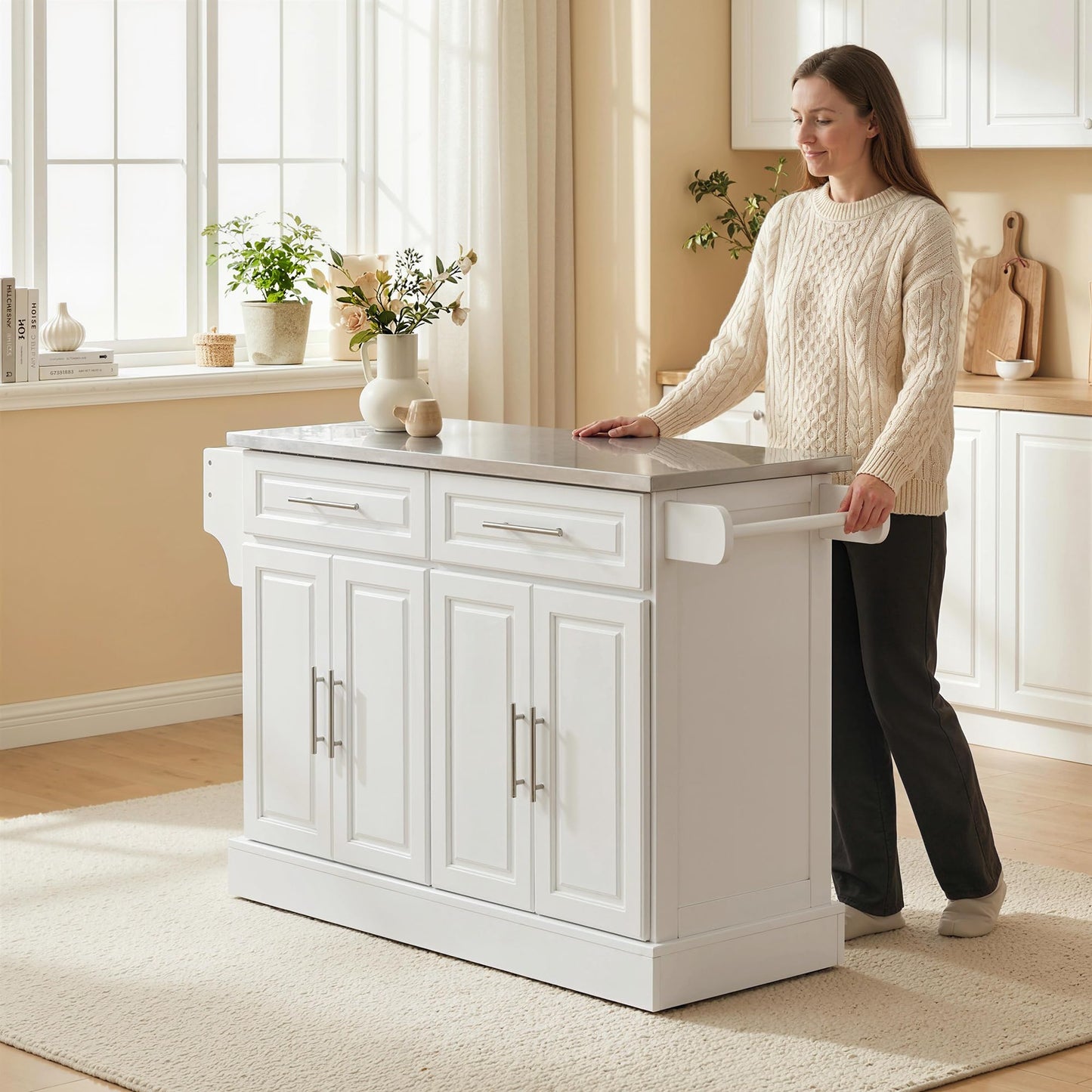 HOMCOM Rolling Kitchen Island Cart with 47" Stainless Steel Top, Portable Island Table for Kitchen with Wheels, Adjustable Shelves, 2 Drawers, Spice, Knife and Towel Rack, White
