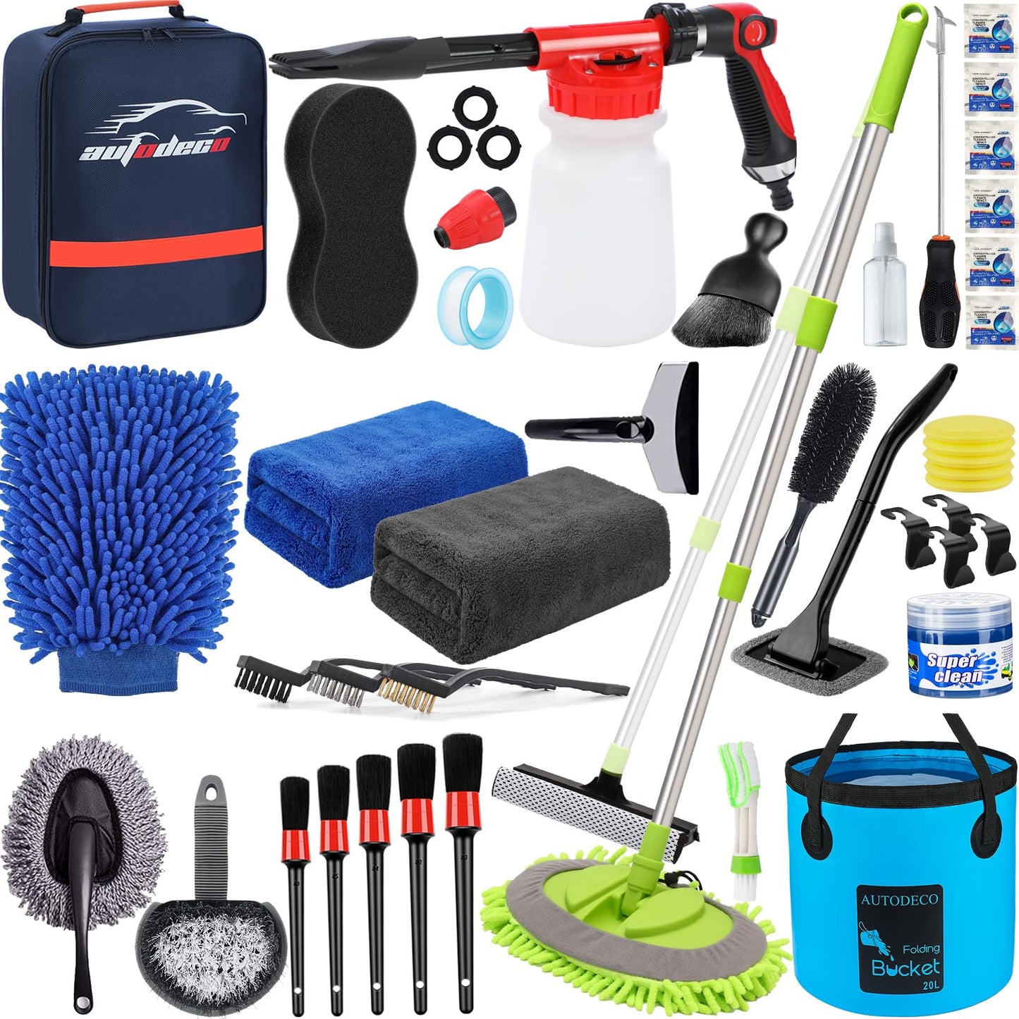 AUTODECO 42Pcs Car Wash Detailing Kit Cleaning Set with Foam Gun Sprayer, Long-Handle Brush, Collapsible Bucket, Large Wash Mitt, Towels, Complete Interior & Exterior Car Washing Supply Set (Blue)