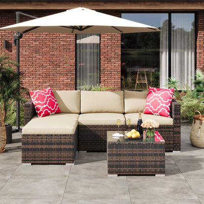 GAOMON 5-Piece All-Weather Patio Furniture Set, Convertible Outdoor Sectional Sofa with Ottoman & Tempered Glass Table, PE Rattan Conversation Set for Garden, Backyard, Porch, Poolside