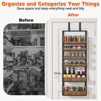 Aquzee Heavy Duty Pantry Door Organizer, 6-Tier Over the Door Pantry Organizer, 2 IN 1 Hanging Wall Mount Spice Rack, Adjustable Baskets, Spice Organization for Cabinet Kitchen Closet