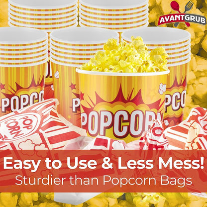 Leakproof, Super Durable 32oz Popcorn Cups 100 Pack. Grease-Proof Disposable Pop Corn Tubs With Cool Design Are the Ultimate Movie Theater Accessory. Large Containers Great for Any Party or Event
