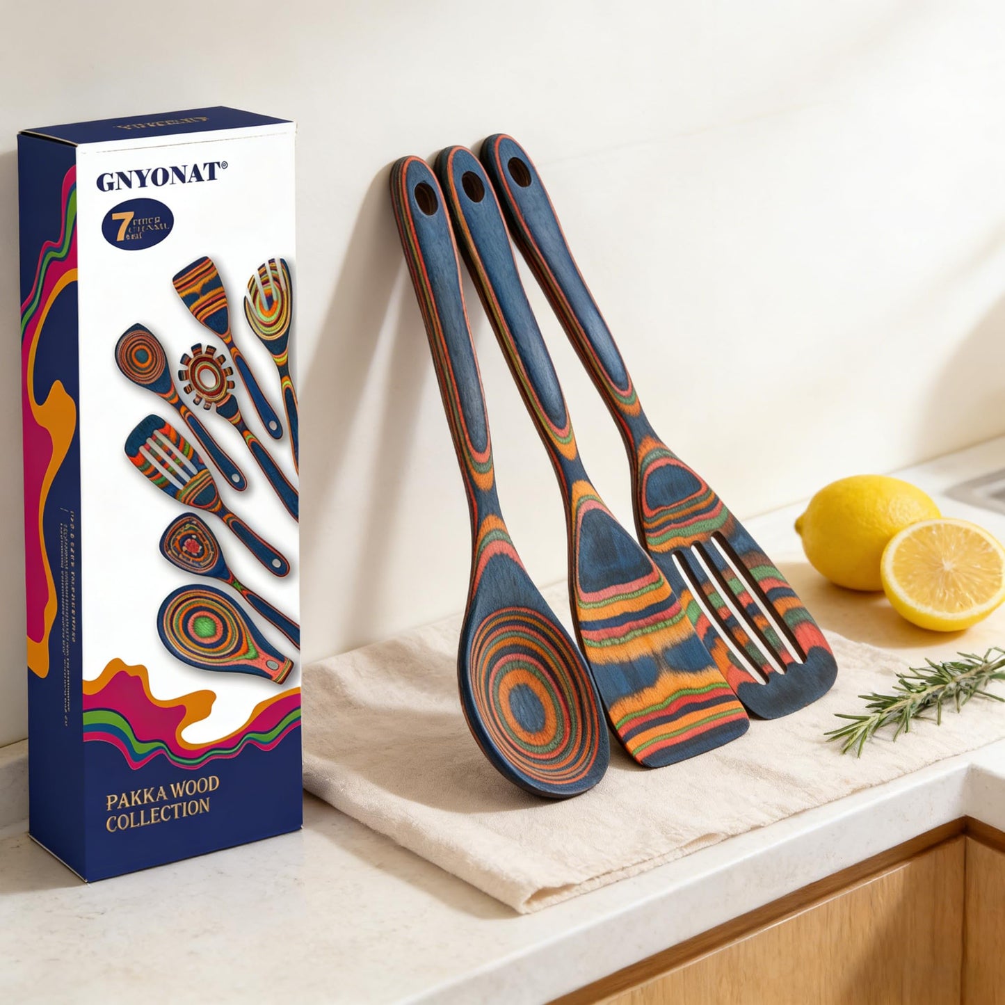 Pakkawood Blue Wooden Kitchen Utensil Set, 7-Piece Cooking Spoons, Non-Stick Colorful Serving Tools with Decorative Pattern