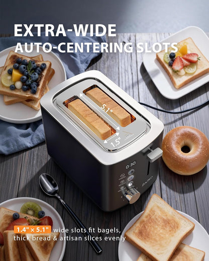 Skiennix 2-Slice Toaster - Wide Slots for Bread & Bagels | Stainless Steel with Digital Countdown, 6 Shade Settings, Compact Black Design