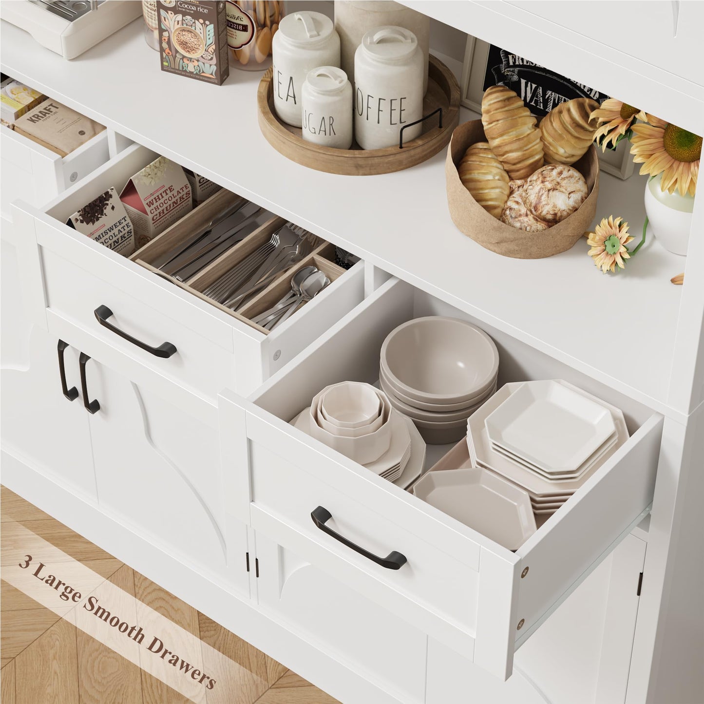 HITHOS 76" Tall Kitchen Pantry Storage Cabinet, 55“ Wide Kitchen Hutch Cabinet with Storage Drawers, Large Food Pantry with Microwave Stand, Modern Cupboard with Hutch for Dining Living Room, White