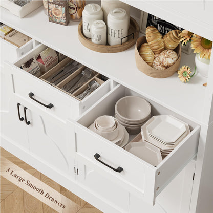 HITHOS 76" Tall Kitchen Pantry Storage Cabinet, 55“ Wide Kitchen Hutch Cabinet with Storage Drawers, Large Food Pantry with Microwave Stand, Modern Cupboard with Hutch for Dining Living Room, White