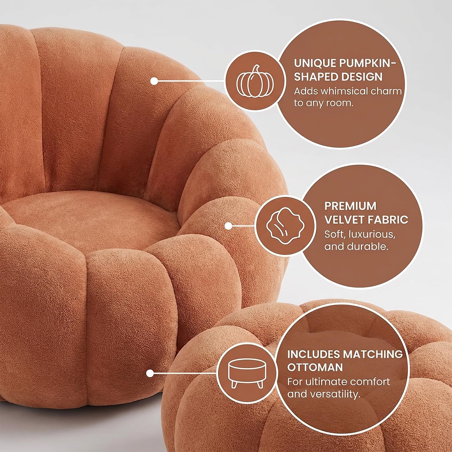 Premium Cloud Velvet Bean Bag Chair Set | 43.3" Ergonomic Pumpkin Lounger & Ottoman for Adults, Thick High-Resilience Foam, No Assembly, Compact for Living Room & Bedroom