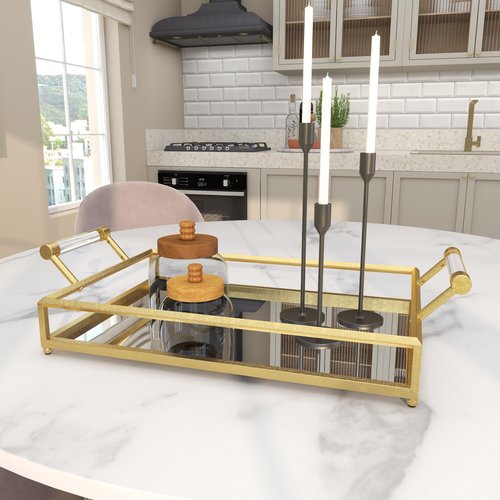 Deco 79 CosmoLiving by Cosmopolitan Metal Mirrored Tray with Acrylic Handles, 22" x 12" x 5", Gold