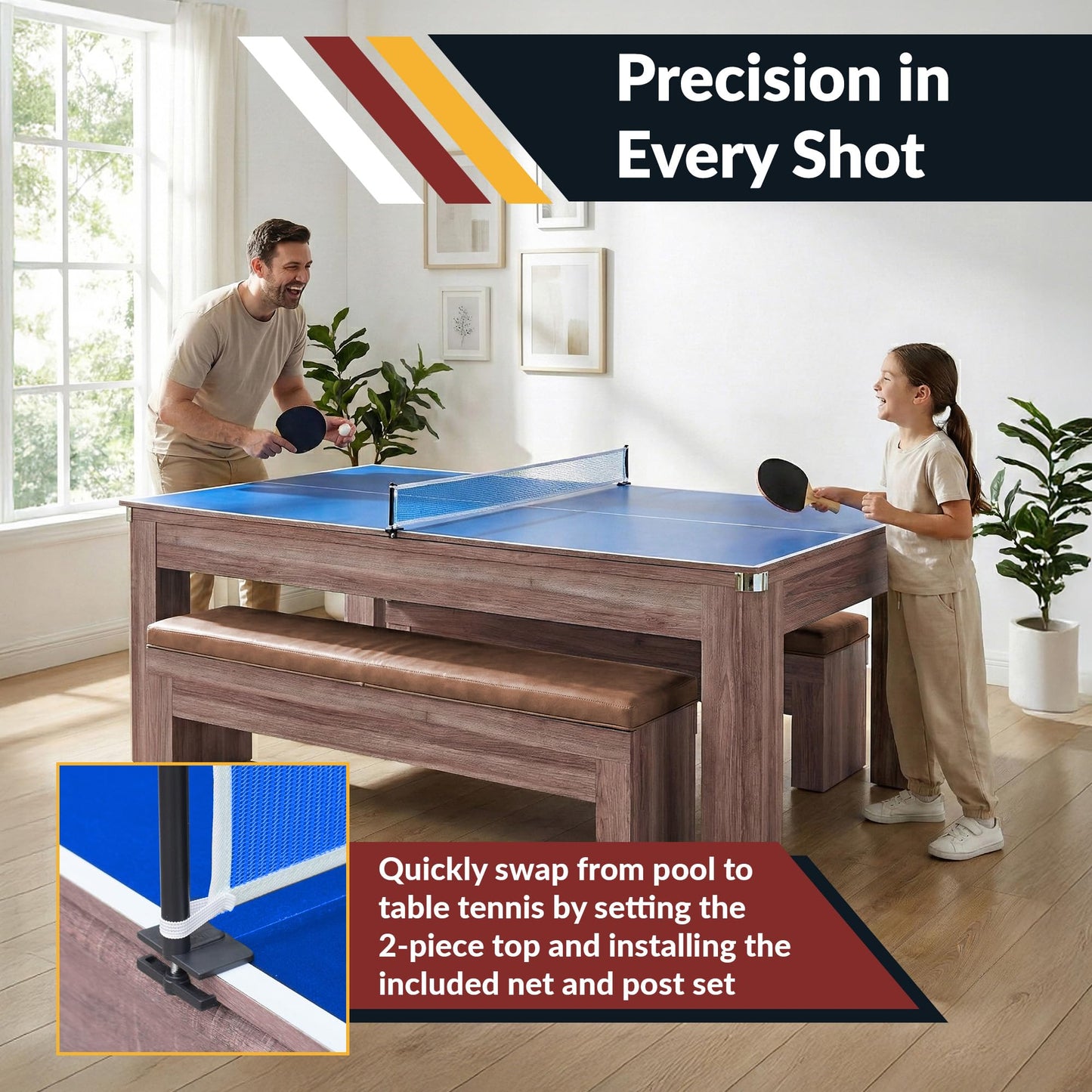 Hathaway Newport 7 Foot Dining Pool Table Combo with Game Accessories, & 2 Benches – Multifunctional Billiards Table with Ping Pong & Dining Top – Light Oak Finish, Chrome Accents, Red Felt