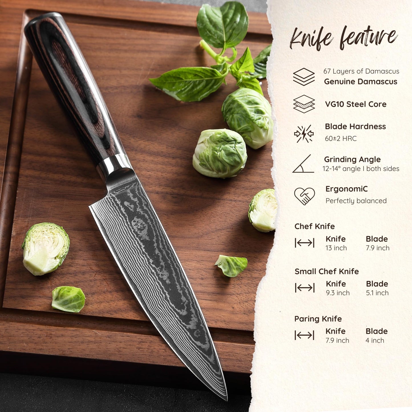 Wakoli EDIB Essentials 3-Piece Damascus Knife Set – Professional Chef's Knives with VG10 Core & 67-Layer Damascus Steel Blades, Ergonomic Pakkawood Handles – Premium Kitchen Knives in Elegant Gift Box