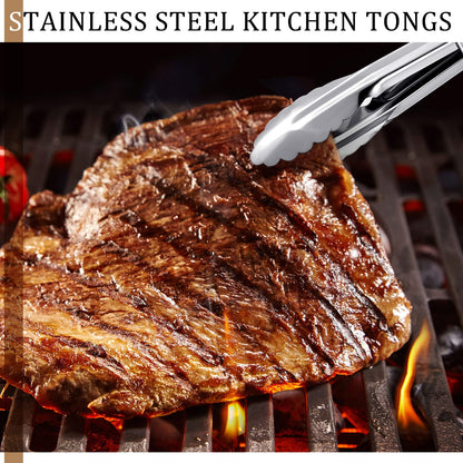 Meanplan 50 Pcs Small Stainless Steel Kitchen Tongs 7 Inch Food Serving Tongs Metal Cooking Clips High Heat Resistant Clips with Sliding Rings for Buffet Food Cooking Salad Grilling, Silver