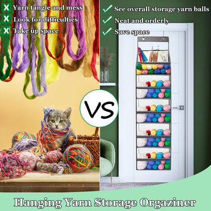 Hobekoee Hanging Yarn Storage Organizer,Large Capacity Yarn Storage Bag with 5 Yarn Balls Storage Pockets & 3 Top Crochet/Knitting Needles Pockets,Transparent Door Hanging Knitting Organizer Storage