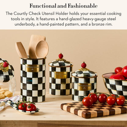 MACKENZIE-CHILDS Enamel Utensil Holder, Kitchen Utensil Holder for Countertop, Storage Caddy, Black-and-White Courtly Check