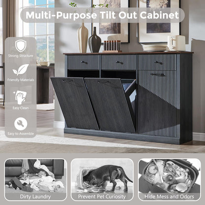 IFBUY Triple Tilt Out Laundry Hamper Cabinet, Modern Fluted Trash Can Cabinet with 3 Drawers, 20 Gallon Hidden Garbage Can Cabinets w/Laundry Basket & Adjustable shelf for Bathroom and Kitchen, Grey