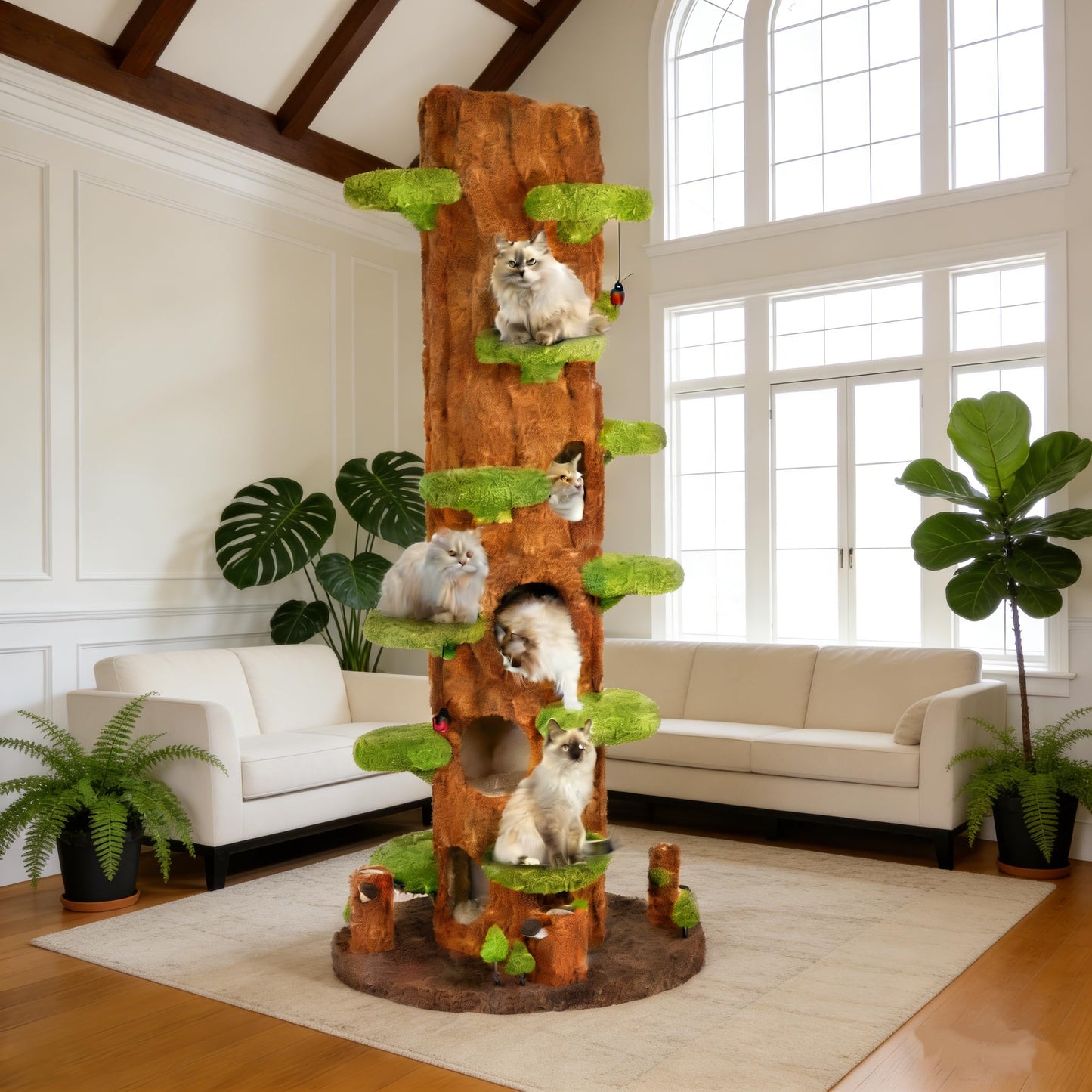 KAMABOKO 91" Tall Cat Tree for Indoor Cats - Large Cat Tower with 6 Luxury Cat Condo, Soft Cushion, Scratching Board, Plush Platform & Top Perch, Magic Forest Series, Green