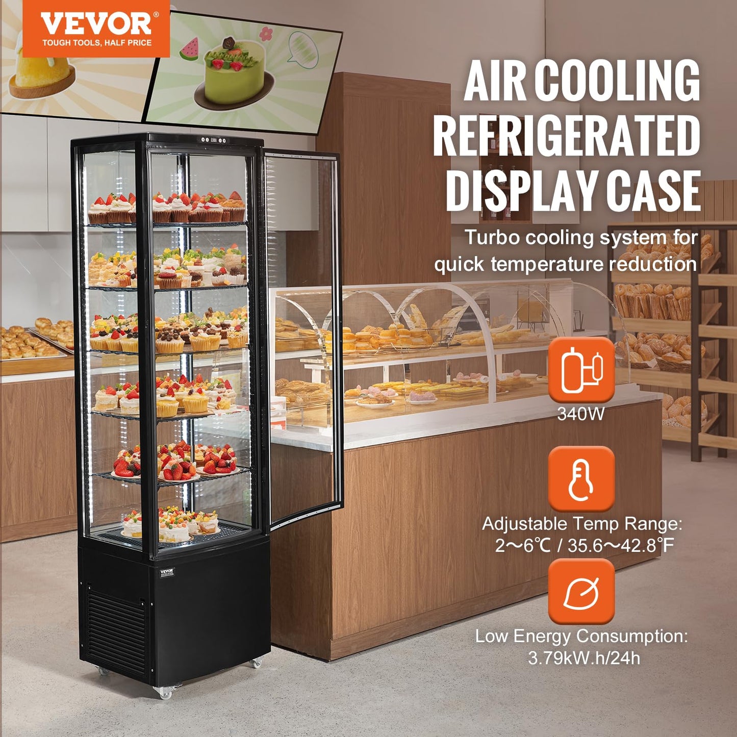 VEVOR Refrigerated Display Case, 9.8 Cu.Ft./278L Large Pastry Display Case, 5-Tier Commercial Display Refrigerator with LED Lighting, TURBO Cooling, Frost-Free Air-Cooling, for Bakery