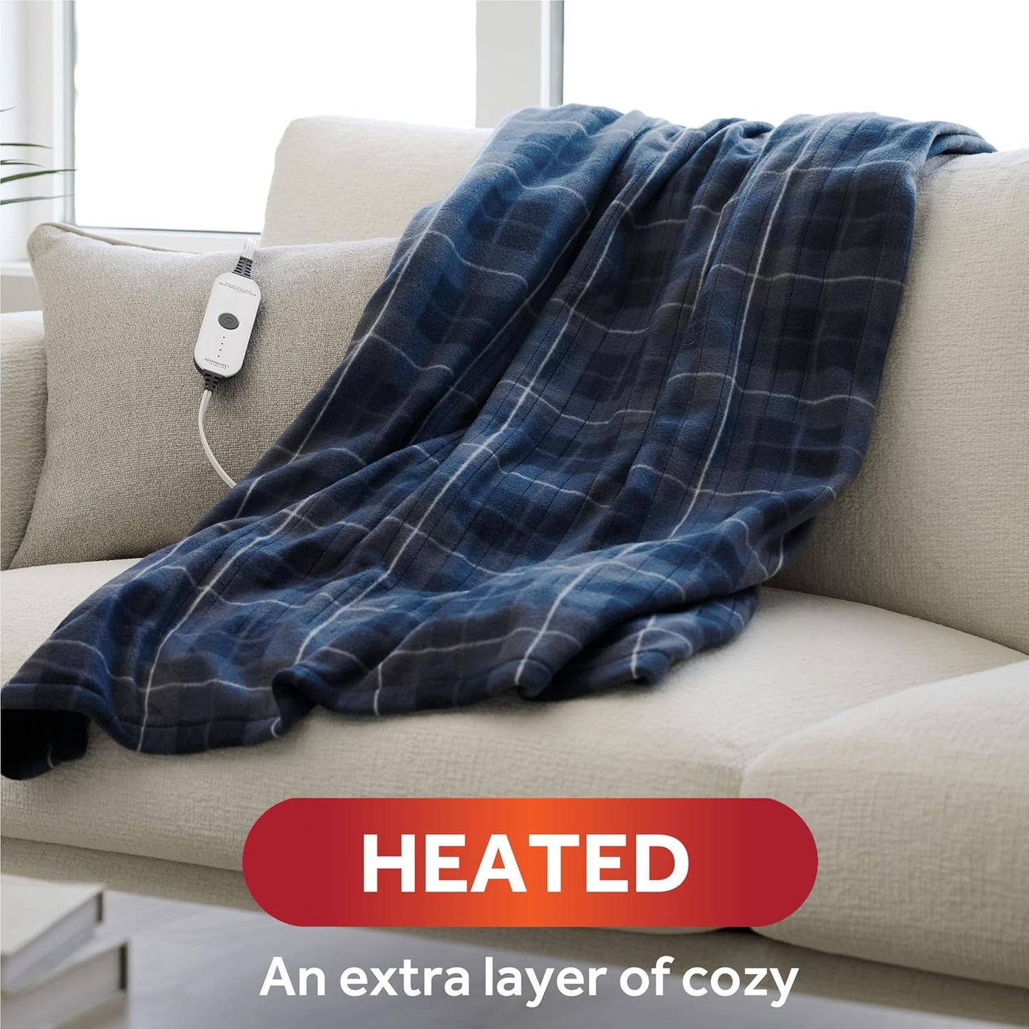 Sunbeam Royal Ultra Heated Personal Throw / Blanket, Cozy-Warm, Adjustable Heat Settings, Rodeen Blue Plaid