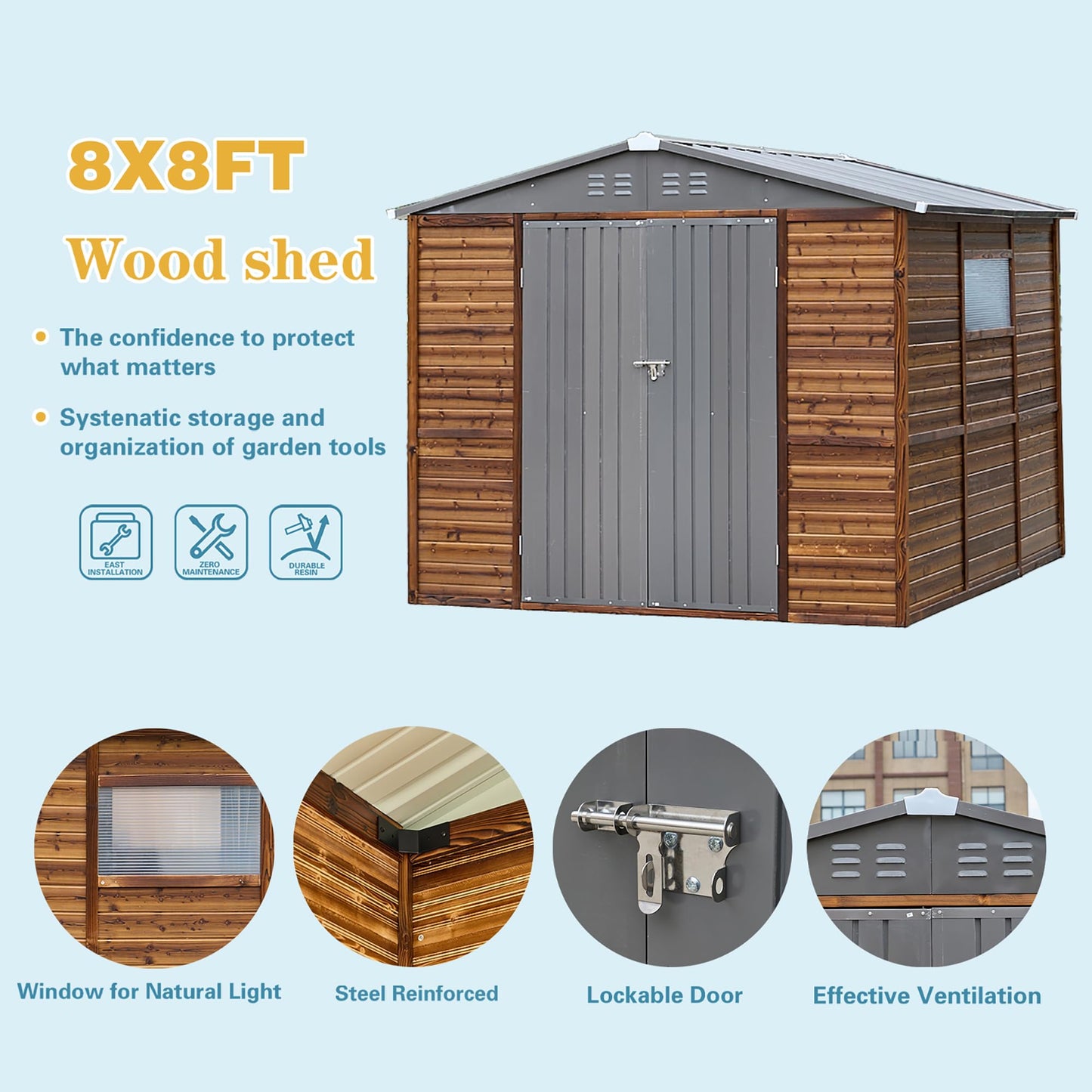 Endark 8x8FT Waterproof & Rust-Resistant Outdoor Storage Shed with Window, Lockable Sliding Doors & Metal Sloped Roof - Ideal for Garden, Backyard, and Patio