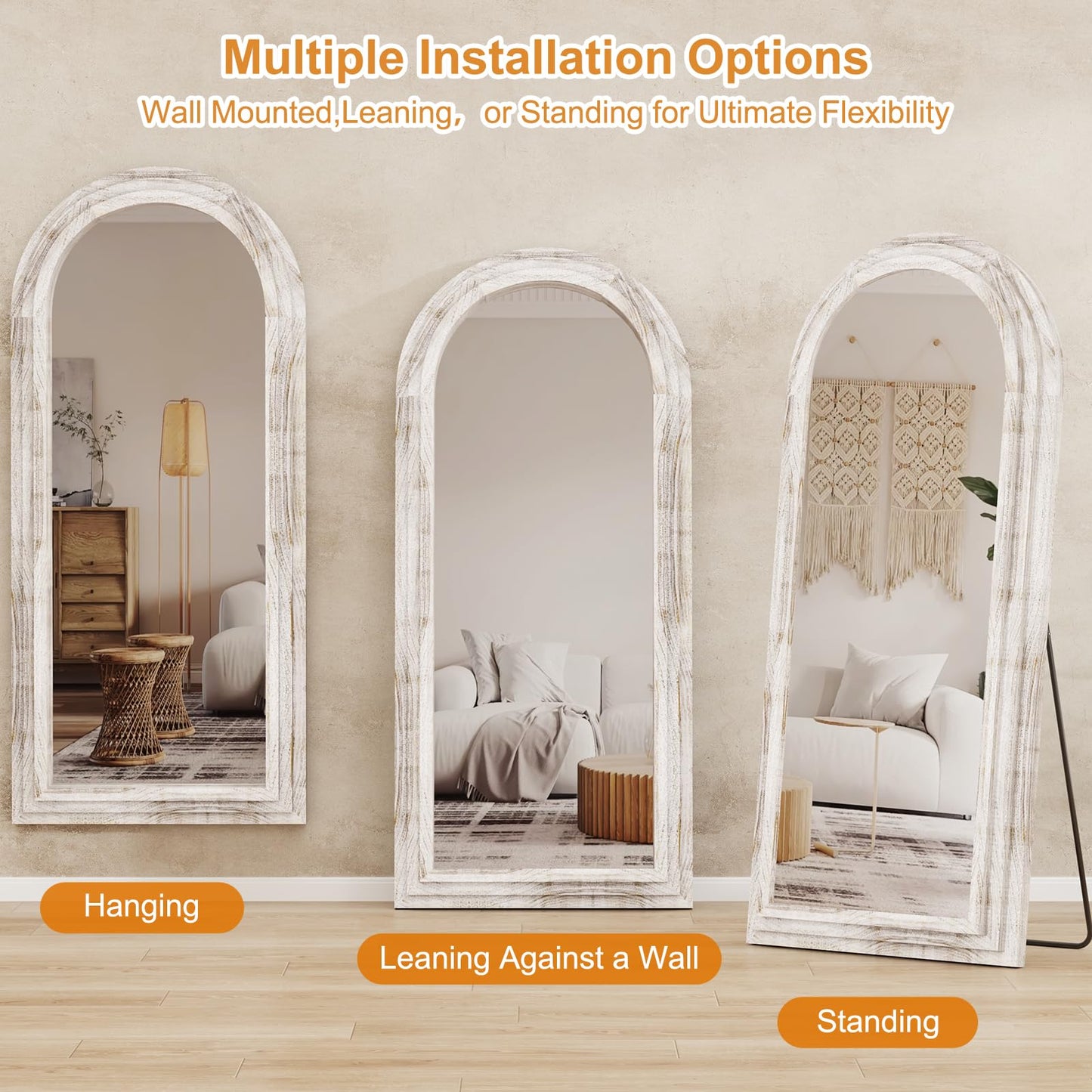 ZHUNFA External Three-Layer Arched Full Length Mirror with Solid Wood Frame,71x32 Modern Farmhouse Decor Standing Mirror Full Length,Wall Mounted,Leaning,Standing for Bedroom,Living Room,White.
