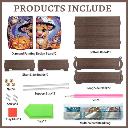 antor DIY Diamond Painting Wooden Storage Box, Halloween Cow and Pumpkin Special Shaped Rhinestone Art Flip Cover Organizer, Handmade Desktop Diamond Art Storage Box Decor