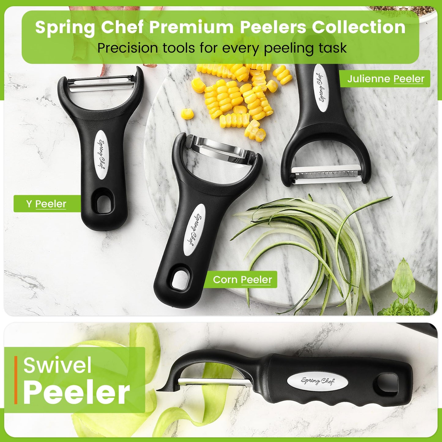 Spring Chef Swivel Vegetable Peeler & Y Potato Peeler for Kitchen with Soft Grip Handles and Ultra Sharp Stainless Steel Blades, Perfect for Veggie, Fruit, Carrot, Apple - Dishwasher Safe - Black