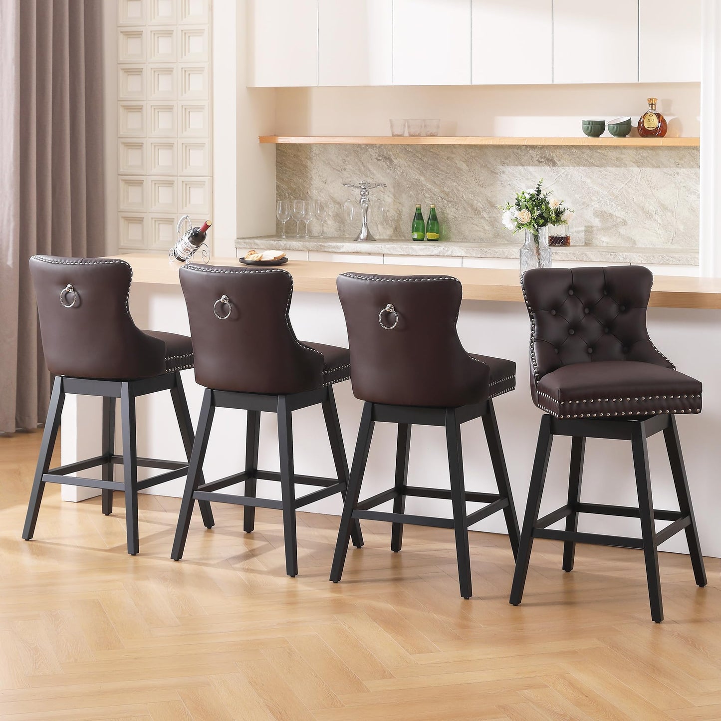 Fahomiss Brown Leather Swivel Bar Stools Set of 4 with Back, 26 Inch Counter Height Chairs, Solid Wood Legs, Tufted Seat, Comfortable and Stylish for Kitchen, Island, Home Bar（Brown, 4 Pack, 26" H）