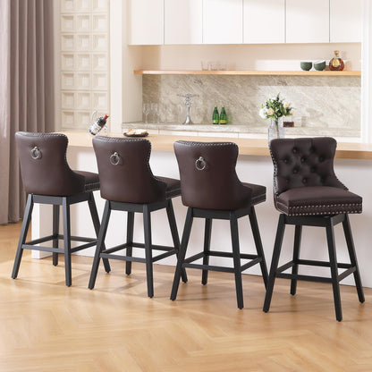 Fahomiss Brown Leather Swivel Bar Stools Set of 4 with Back, 26 Inch Counter Height Chairs, Solid Wood Legs, Tufted Seat, Comfortable and Stylish for Kitchen, Island, Home Bar（Brown, 4 Pack, 26" H）