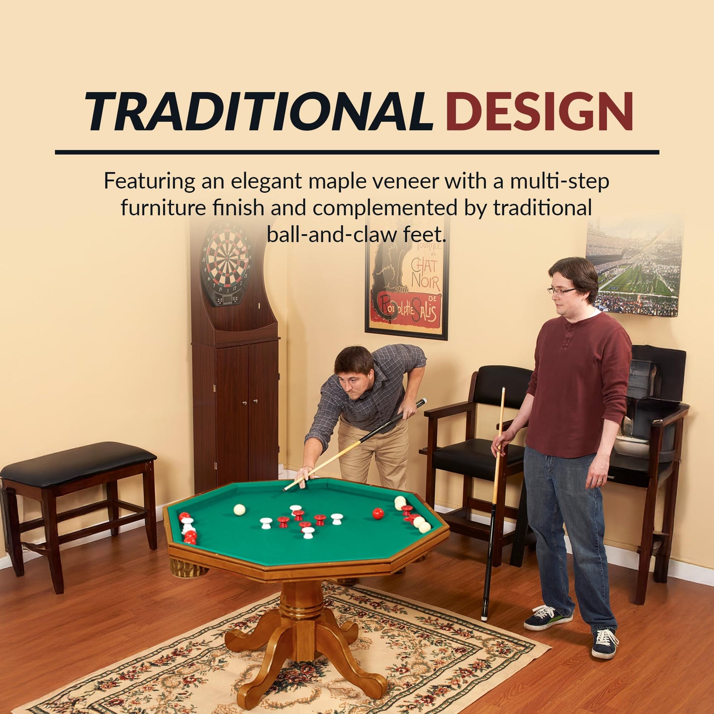 Hathaway Kingston 3 in 1 Octagon Poker Table, Dining & Bumper Pool Table for Game Rooms - Durable Hardwood, Sturdy Legs, Smooth Playfield - Includes Bumper Balls, Cues, Chalk, Brush - Oak
