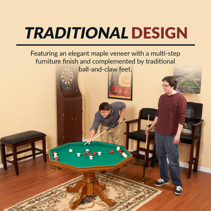 Hathaway Kingston 3 in 1 Octagon Poker Table, Dining & Bumper Pool Table for Game Rooms - Durable Hardwood, Sturdy Legs, Smooth Playfield - Includes Bumper Balls, Cues, Chalk, Brush - Oak