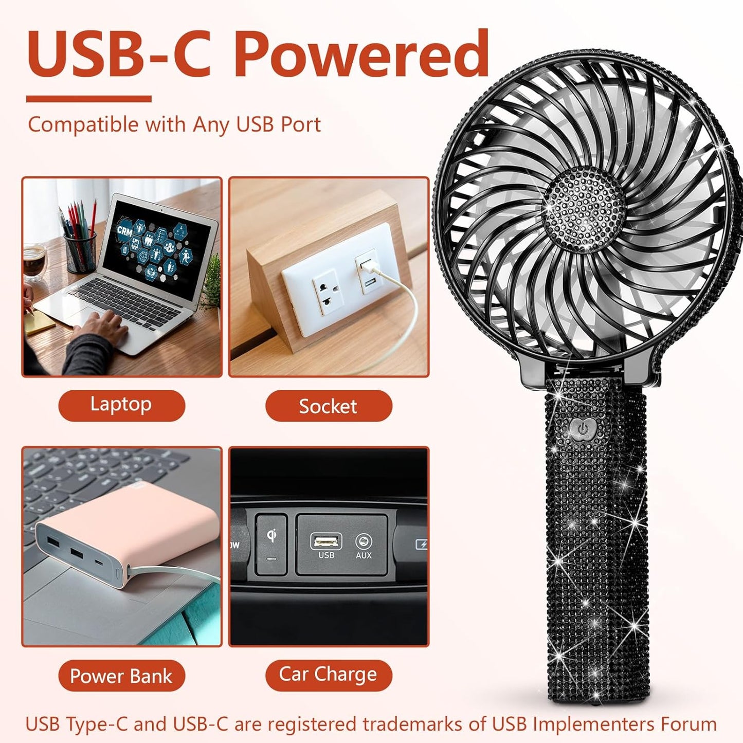 Mudder Crystal Bling Rhinestone Mini Handheld Fan, Portable USB Rechargeable Fan for Girls Women Outdoor Travel