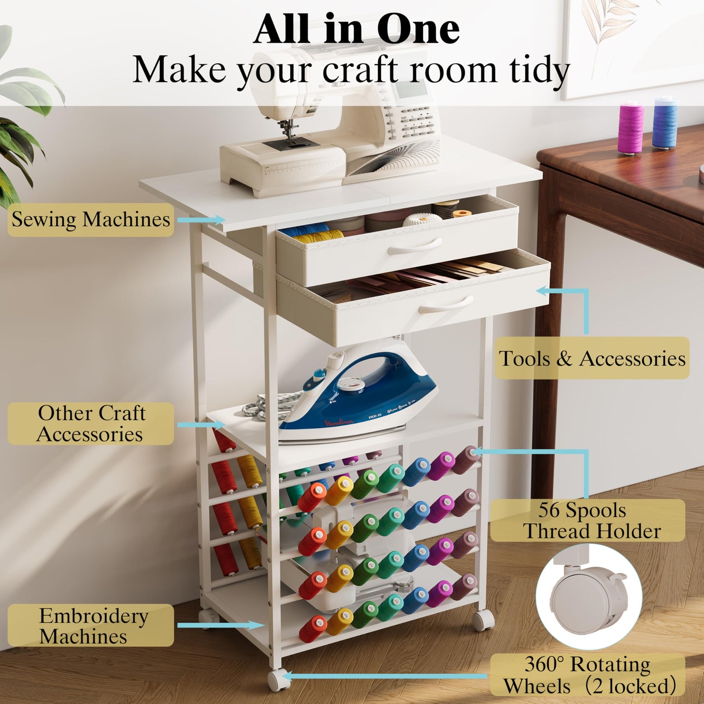 NinPeen Rolling Sewing Machine Table with 2 Fabric Drawers，Craft Table on Wheel with Spools Thread Holder，Portable Sewing Cabinet for Embroidery Machine with 3 Open Shelves for Small Spaces (White)