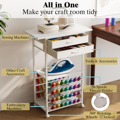 NinPeen Rolling Sewing Machine Table with 2 Fabric Drawers，Craft Table on Wheel with Spools Thread Holder，Portable Sewing Cabinet for Embroidery Machine with 3 Open Shelves for Small Spaces (White)
