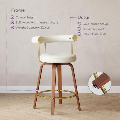 TYBOATLE Swivel Bar Stools Set of 4, Counter Height Bar Stools with Bent Wood Legs and Back, Mid-Century Modern Faux Leather Bar Chairs Island Barstools for Kitchen (4, White)