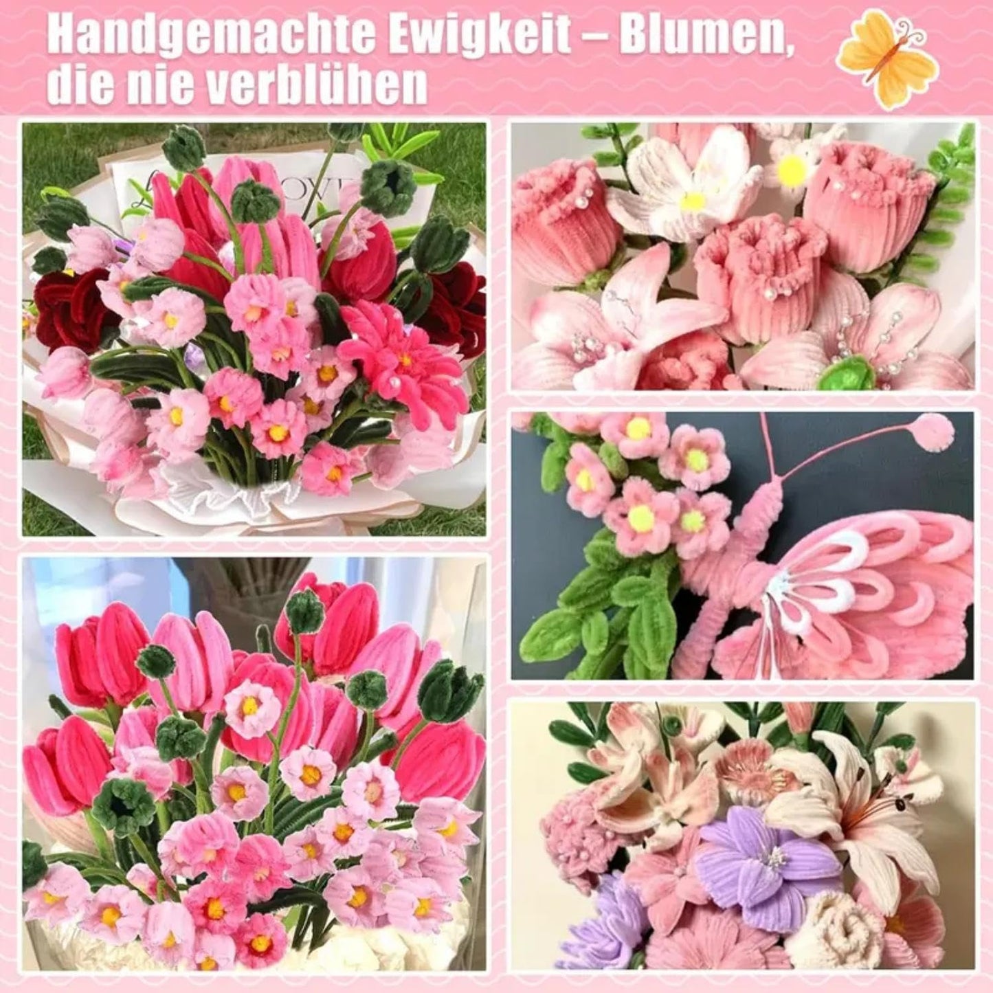 AHAMETON 620-Piece Pink Pipe Cleaner Craft Kit - 6 Pastel Shades Chenille Stems with Floral Wire for DIY Wedding Bouquets, Mother’s Day Gifts & Party Decorations