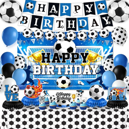 Soccer Birthday Party Decorations, 44Pcs Soccer Party Decorations with Happy Birthday Backdrop Tablecloth Foil & Latex Balloons and Cake Toppers Honeycomb Centerpieces for Boys’ Sports Party Supplies