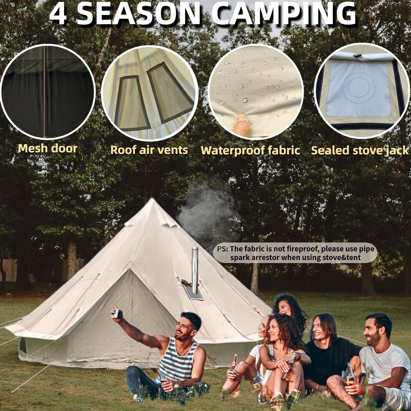 DANCHEL OUTDOOR B2A Portable Bell Tent No Center Pole, 4 Season Large Yurt with Stove Jack Spacious Interior for 8 Person Camping Hiking Glamping 300D Oxford Nylon,16.4ft/5m Khaki