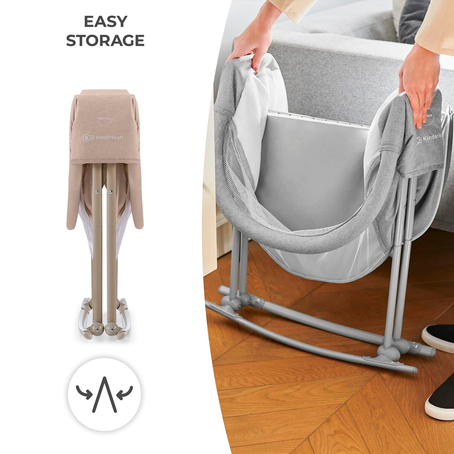 Kinderkraft LOVI Travel Bassinet for Baby, Portable Folding Baby Bed with Built-in Mosquito net, Adjustable Hood and an Additional Cradle Function, Beige